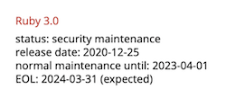 Ruby 3.0.0. EOL: 2024-04-01 (expected)